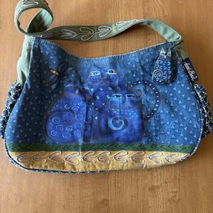 Laurel Burch Indigo Cat's Tote Bag Pre-owned Side Pockets  Zip Close Inside Pkt